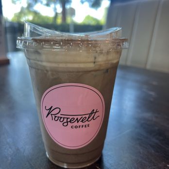 Roosevelt Coffee - Iced hojicha latte (oatmilk) with vanilla cream top. - Cafes Near Me - Irvine, California