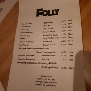 Folly Brewpub - Draught menu - Brewpubs Near Me - Toronto, Ontario Folly Brewpub - Draught menu - Brewpubs Near Me - Toronto, Ontario