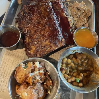 Whiskey 'N Rye Smokehouse - BBQ trio with smashed potatoes and baked beans - Barbeque Near Me - Solvang, California Whiskey 'N Rye Smokehouse - BBQ trio with smashed potatoes and baked beans - Barbeque Near Me - Solvang, California