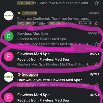 Flawless Laser & Skin Spa - Proof that I only redeemed three sessions before receiving notice that they would not be honoring Groupons - Hair Removal Near Me - Orlando, Florida