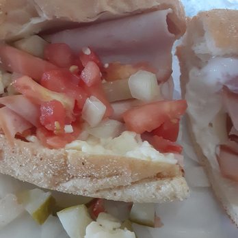 Stanlieo's Sub Villa - I pulled off the toppings to show the so called turkey, its NOT turkey. Or its pink, smoked turkey. Either way, not what I ordered. - Sandwiches Near Me - Huntsville, Alabama