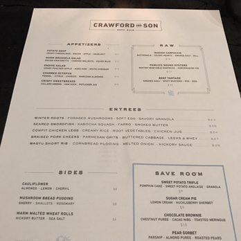 Crawford & Son - Menu options January 2017 - New American Near Me - Raleigh, North Carolina Crawford & Son - Menu options January 2017 - New American Near Me - Raleigh, North Carolina