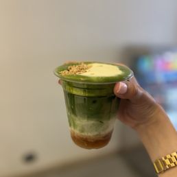 Small Iced Peach Cobbler Matcha (~$8 CAD)