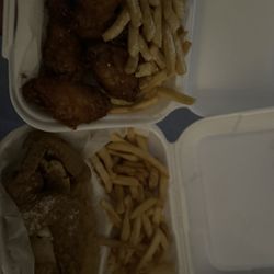 Snapper Fish & Chicken Mcnabb - Catfish & wings platters with fries  (right side) Honey pot & fries (left side)