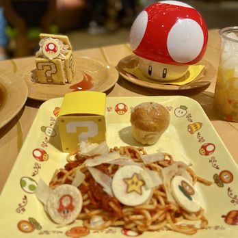 Toadstool Cafe - Power-up spaghetti Marinara (comes with a cookie and a cheesy garlic knot) - Cafes Near Me - Universal City, California