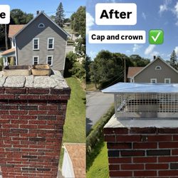Chimney Goat - Before and after - chimney top rebuild with brand-new stainless steel cap and crown. The transformation protects the chimney from future dam