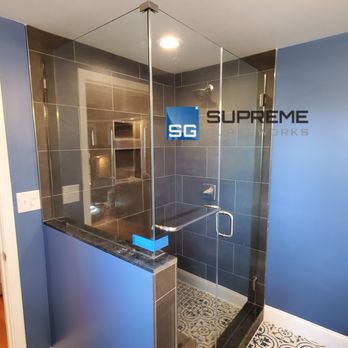 Supreme Glassworks - 90 degree framelss glass shower door with towel bar. Brushed nickel finish - Glass & Mirrors Near Me - Sterling, Virginia Supreme Glassworks - 90 degree framelss glass shower door with towel bar. Brushed nickel finish - Glass & Mirrors Near Me - Sterling, Virginia