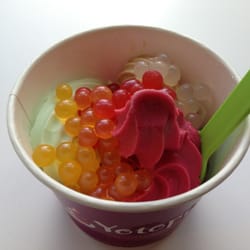 Fro-Yotopia - Raspberry acai sorbet, a dollop of pistachio, and a smidgen of peanut butter fro-yo. With splashes of fruit juice balls