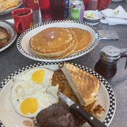 Steak and eggs with a side of pancakes per request.