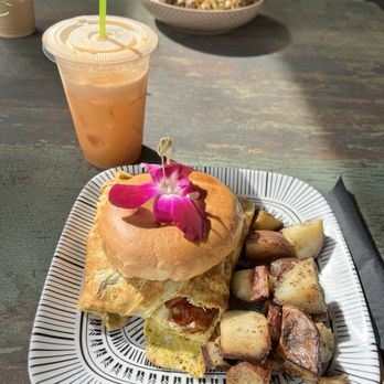 Luna Muna Cafe Bar - Bacon, egg, & Gouda bagel with potatoes and Free Bird juice - Breakfast & Brunch Near Me - Panama City, Florida Luna Muna Cafe Bar - Bacon, egg, & Gouda bagel with potatoes and Free Bird juice - Breakfast & Brunch Near Me - Panama City, Florida