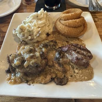 Hungry Hunter Steakhouse - Filet medallions with mash & onion rings - Steakhouses Near Me - Bakersfield, California Hungry Hunter Steakhouse - Filet medallions with mash & onion rings - Steakhouses Near Me - Bakersfield, California
