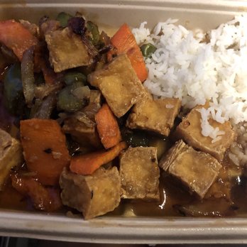 Mein St Asian Kitchen - Sweet chili chicken (with tofu as a vegan alternative) - rice was hard but the tofu was delish:) - Asian Fusion Near Me - San Diego, California
