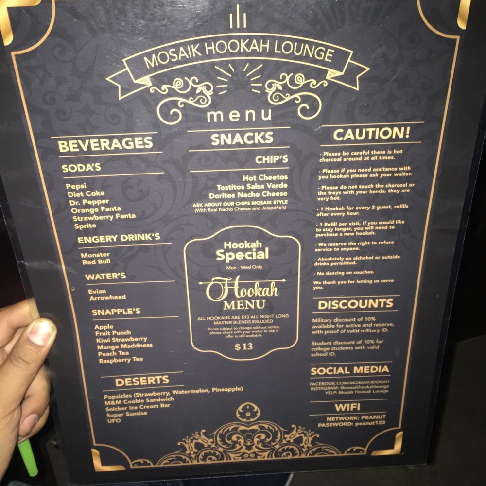 Mosaik Hookah Lounge - Food menu - Hookah Bars Near Me - Downey, California