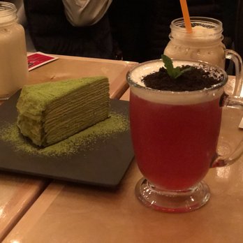Prince Tea House - Green tea crepe cake and rose potted plant - Desserts Near Me - Brooklyn, New York Prince Tea House - Green tea crepe cake and rose potted plant - Desserts Near Me - Brooklyn, New York