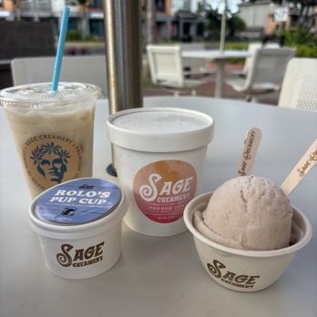 Sage Creamery - Pikake Oat Tea Latte, rolo's pup cup, Makaha Sun pint, Lychee Rose - Ice Cream & Frozen Yogurt Near Me - Ewa Beach, Hawaii