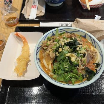 Marugame Udon - Beef tomatama udon with shrimp tempura - Japanese Near Me - Arcadia, California