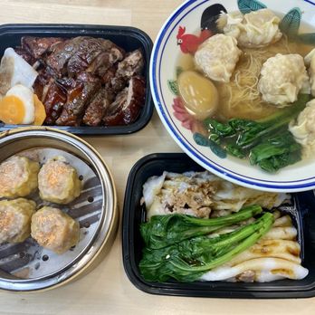 Dim Sum Sam - Clockwise from top left: Roast Duck (half), Shrimp and Pork Wonton Noodle Soup, Minced Beef Rice Roll, Shu Mai - Barbeque Near Me - New York, New York