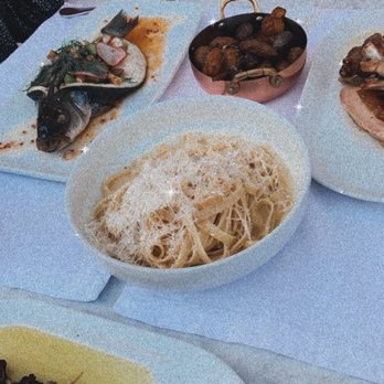 Cara Restaurant - Lemon pasta, mushroom side, chicken, potatoes, branzino - New American Near Me - Los Angeles, California
