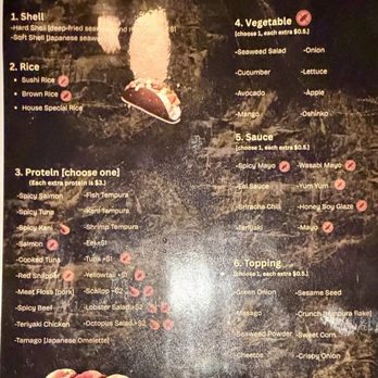 Okane Sushi - Menu of ingredients for build-your-own tacos - Sushi Bars Near Me - Pittsburgh, Pennsylvania