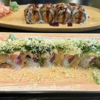 Hana Ramen Sushi - Izumi (front) and Sweet Potato Tempura Roll (back) - Sushi Bars Near Me - West Des Moines, Iowa Hana Ramen Sushi - Izumi (front) and Sweet Potato Tempura Roll (back) - Sushi Bars Near Me - West Des Moines, Iowa