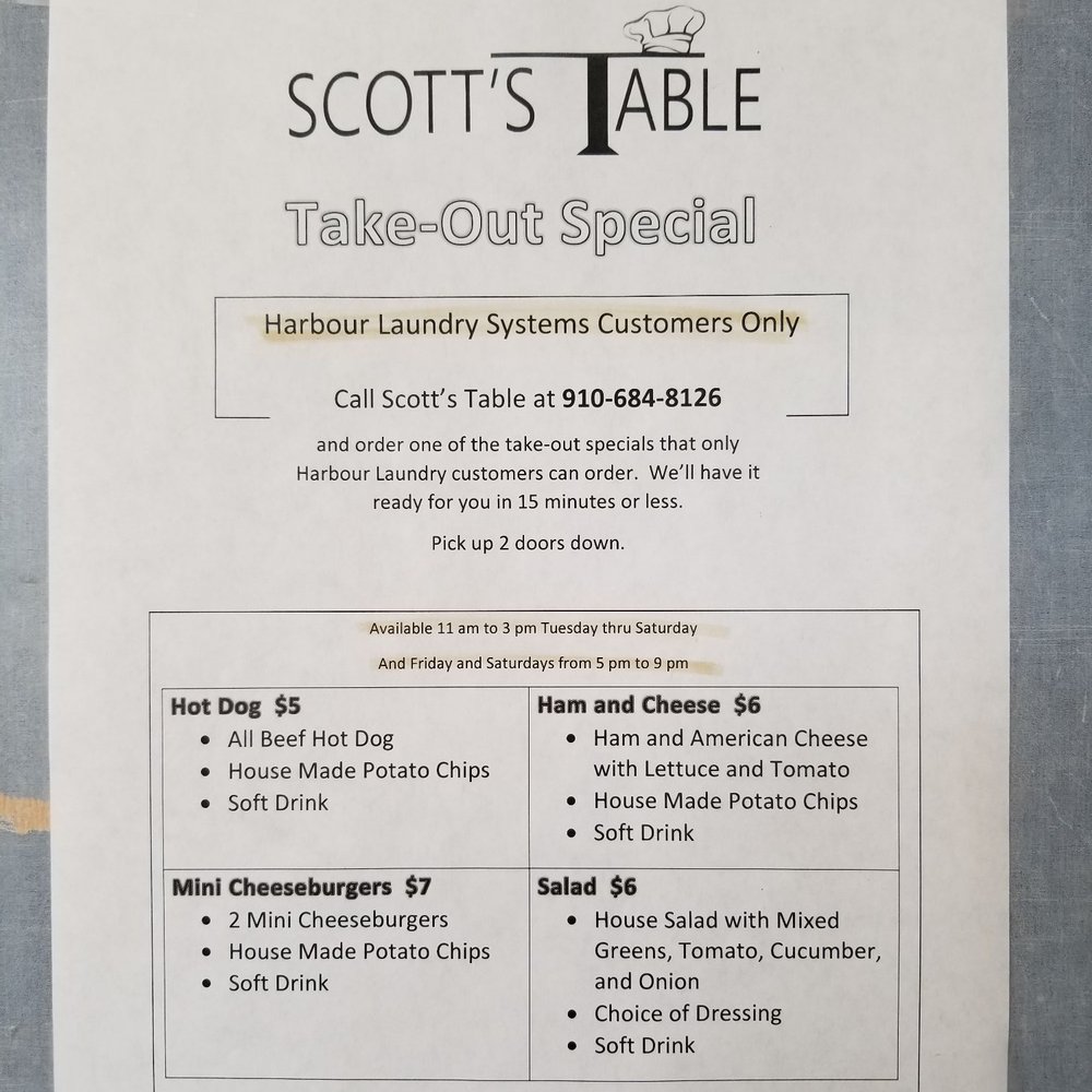 Harbour Laundry Systems - Scott's Table take out special for Harbour Laundry Systems customers - Laundry Services Near Me - Southern Pines, North Carolina Harbour Laundry Systems - Scott's Table take out special for Harbour Laundry Systems customers - Laundry Services Near Me - Southern Pines, North Carolina