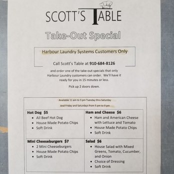 Harbour Laundry Systems - Scott's Table take out special for Harbour Laundry Systems customers - Laundry Services Near Me - Southern Pines, North Carolina Harbour Laundry Systems - Scott's Table take out special for Harbour Laundry Systems customers - Laundry Services Near Me - Southern Pines, North Carolina
