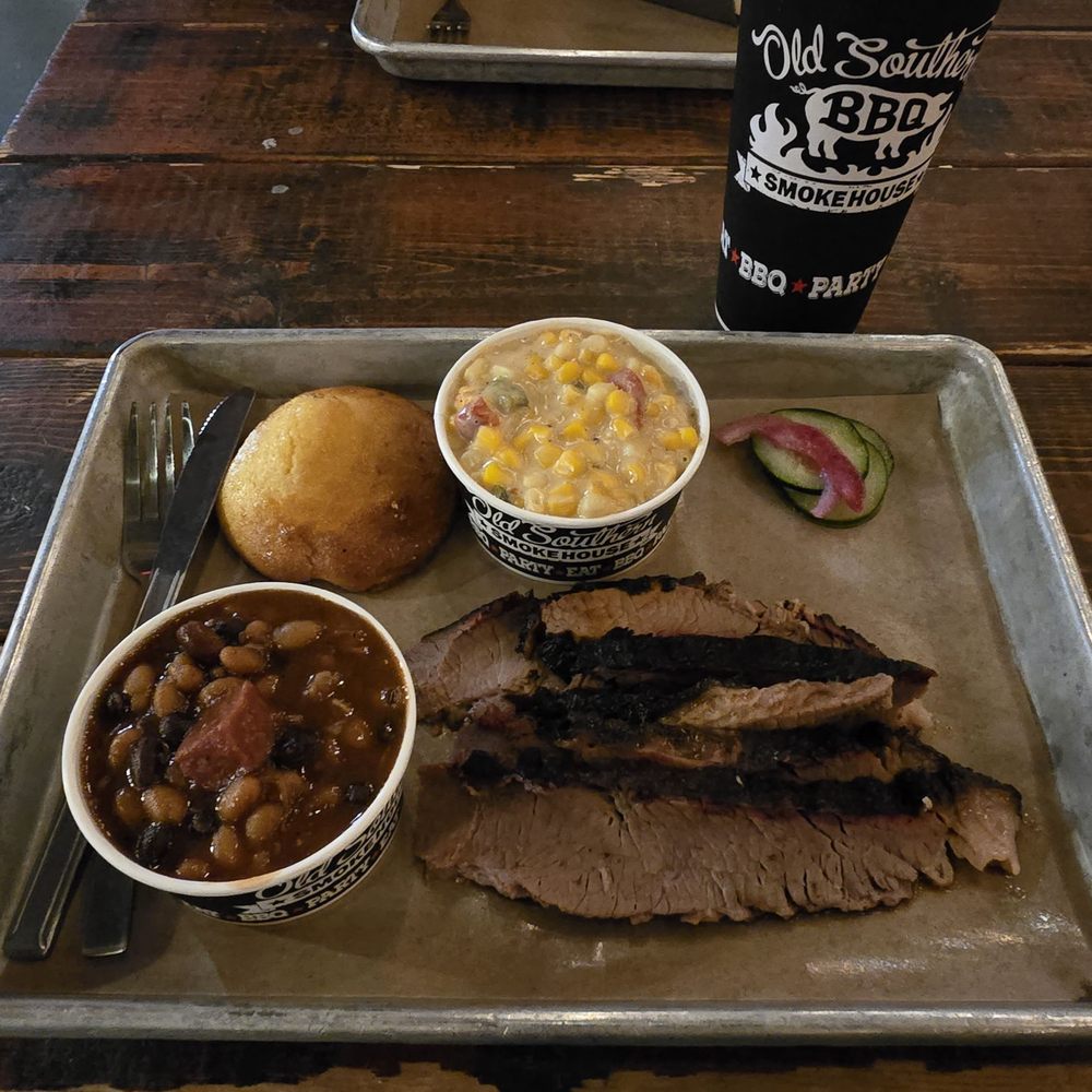 Old Southern BBQ Smokehouse - Brisket Platter with Jimmie Beans, Fire Roasted Creamed Corn, and Corn Muffin Top. - Barbeque Near Me - Hudson, Wisconsin Old Southern BBQ Smokehouse - Brisket Platter with Jimmie Beans, Fire Roasted Creamed Corn, and Corn Muffin Top. - Barbeque Near Me - Hudson, Wisconsin