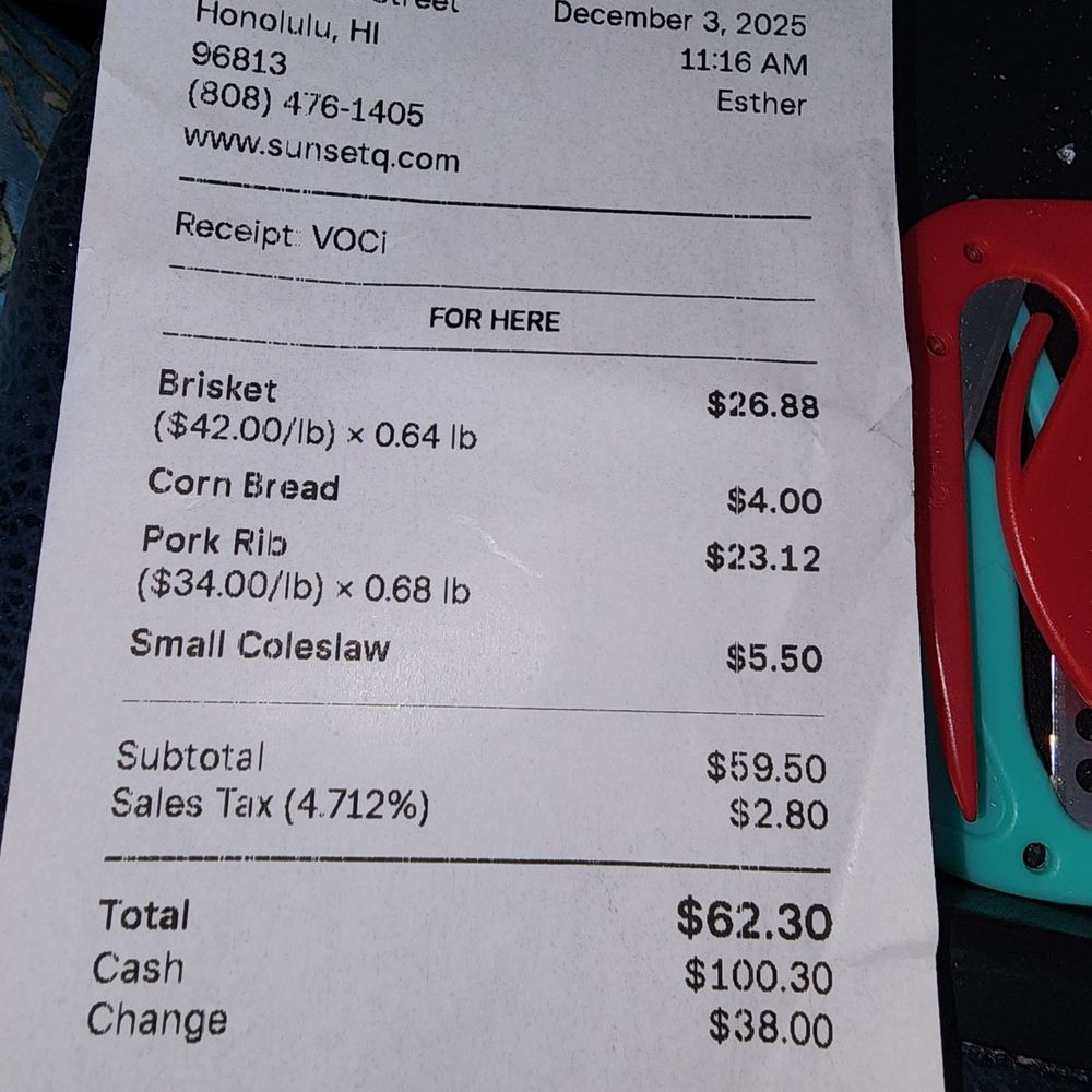 Sunset Texas Barbecue - The bill - Barbeque Near Me - Honolulu, Hawaii Sunset Texas Barbecue - The bill - Barbeque Near Me - Honolulu, Hawaii