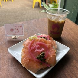 Lox bagel and Thai iced coffee Lox bagel and Thai iced coffee