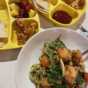 Dish Society - Texas Pecan Pesto Pasta, kids Quesadilla and kids Popcorn Shrimp - New American Near Me - Katy, Texas Dish Society - Texas Pecan Pesto Pasta, kids Quesadilla and kids Popcorn Shrimp - New American Near Me - Katy, Texas