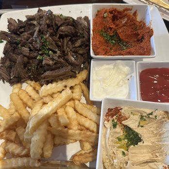 Golden Grill - Beef shawarma with fries, hummus and muhammara - Mediterranean Near Me - Clovis, California