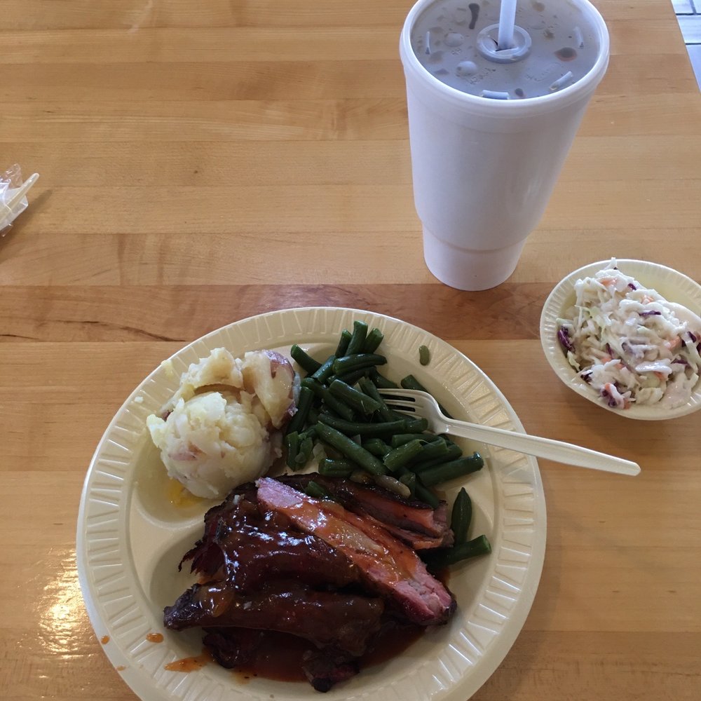 2 meat plate with 3 sides. Brisket and pork ribs w/butter onion potatoes, green beans and coleslaw. 2 meat plate with 3 sides. Brisket and pork ribs w/butter onion potatoes, green beans and coleslaw.