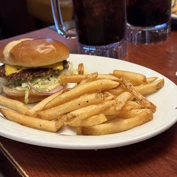 Ruby Tuesday - American Smashed Burger with onions and lettuce and French Fries - Burgers Near Me - Windsor Locks, Connecticut Ruby Tuesday - American Smashed Burger with onions and lettuce and French Fries - Burgers Near Me - Windsor Locks, Connecticut