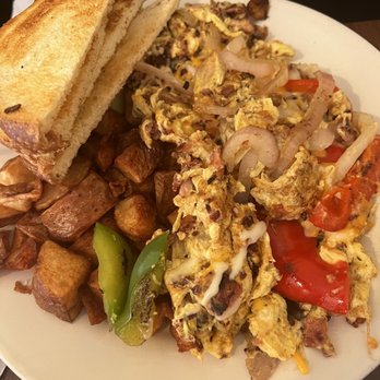 The Press - Bacon, ham, peppers, onions,avocado scramble with sour dough toast - Breakfast & Brunch Near Me - El Granada, California The Press - Bacon, ham, peppers, onions,avocado scramble with sour dough toast - Breakfast & Brunch Near Me - El Granada, California