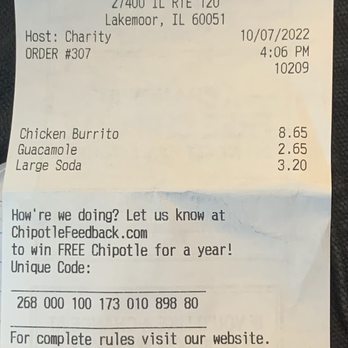 Chipotle Mexican Grill - Receipt documenting visit - Fast Food Near Me - Lakemoor, Illinois