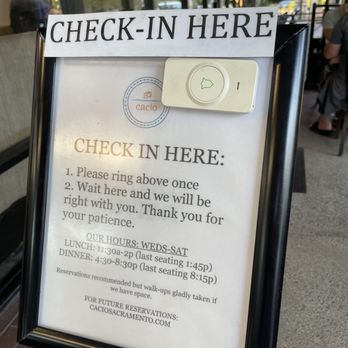 Cacio - Check-in area is outside. Last lunch seating is now 1:30 PM - Italian Near Me - Sacramento, California Cacio - Check-in area is outside. Last lunch seating is now 1:30 PM - Italian Near Me - Sacramento, California