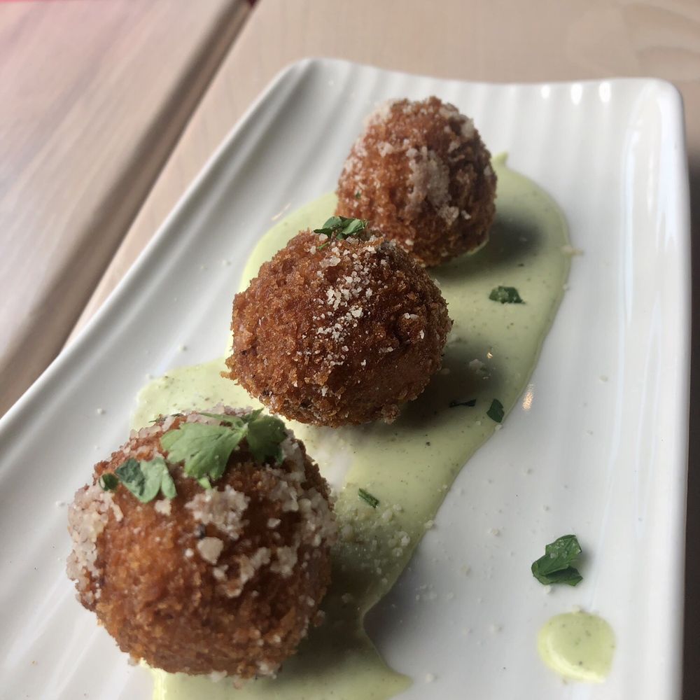 Char & Lemon - Arancini special (bacon, jalapeño, cheese) over cilantro aioli - Italian Near Me - Oxford, Connecticut Char & Lemon - Arancini special (bacon, jalapeño, cheese) over cilantro aioli - Italian Near Me - Oxford, Connecticut