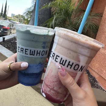 Erewhon - Coconut cloud smoothie on left & Hailey Bieber Strawberry Smoothie on right - Grocery Near Me - Los Angeles, California
