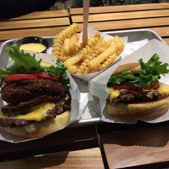 Shake Shack Glendale - Left: shack stack ($9.59), right: shack burger ($5.29) - Burgers Near Me - Glendale, California Shake Shack Glendale - Left: shack stack ($9.59), right: shack burger ($5.29) - Burgers Near Me - Glendale, California