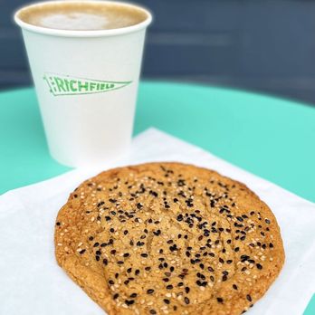 The Richfield - Hōjicha Latte ($5.75) w/ oat milk (+$1) & Rosalind Bakery Sesame Cookie ($2.60) - Coffee & Tea Near Me - San Francisco, California The Richfield - Hōjicha Latte ($5.75) w/ oat milk (+$1) & Rosalind Bakery Sesame Cookie ($2.60) - Coffee & Tea Near Me - San Francisco, California