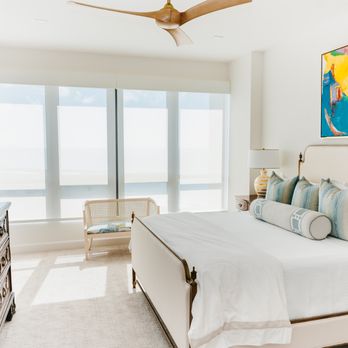 Quality Shutters Plus - Automatic Hunter Douglas Screen Shades in a Longboat Key High Rise Condo Bedroom - Shutters Near Me - Sarasota, Florida Quality Shutters Plus - Automatic Hunter Douglas Screen Shades in a Longboat Key High Rise Condo Bedroom - Shutters Near Me - Sarasota, Florida