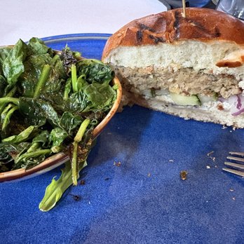 Niko - Garlic Spinach and the inside of The Feta Stuffed Turkey Burger. - Greek Near Me - Easton, Massachusetts