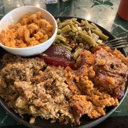 The Grainery - $12 daily plate lunch: turkey dressing, sweet potatoes, cranberry sauce, green beans topped with bacon (side of pasta salad)