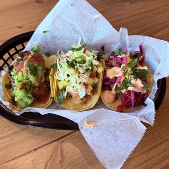 Alma Tacos - Smoked Brisket Taco, Baja Fish Taco and Baja Cauliflower Taco (L to R). - Tacos Near Me - Long Beach, California