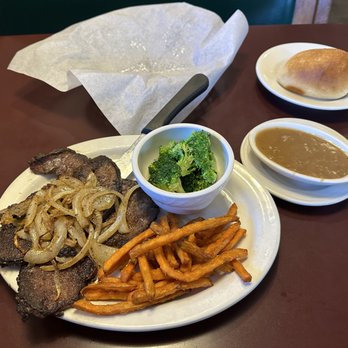 Black-eyed Pea - Liver & Onions with two sides (steamed broccoli & sweet potato fries). - American Near Me - Castle Rock, Colorado Black-eyed Pea - Liver & Onions with two sides (steamed broccoli & sweet potato fries). - American Near Me - Castle Rock, Colorado