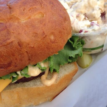 Rivertown Cafe - Burger with potato salad - Restaurants Near Me Rivertown Cafe - Burger with potato salad - Restaurants Near Me