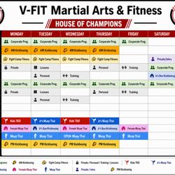 V-FIT Martial Arts, House of Champions - Arlingtons Premier Kickboxing &
Muay Thai gym schedule