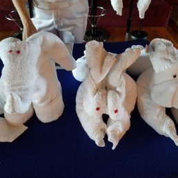 Variety of towel animals will show up in your stateroom each morning and evening. Variety of towel animals will show up in your stateroom each morning and evening.