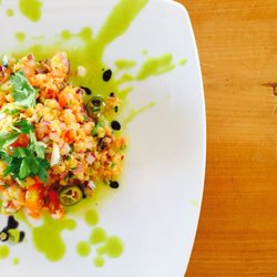 Serendipity - Cebiche de Lentejas V - A pink lentil ceviche with our zesty green jus, avocado puree & garnished with radish
