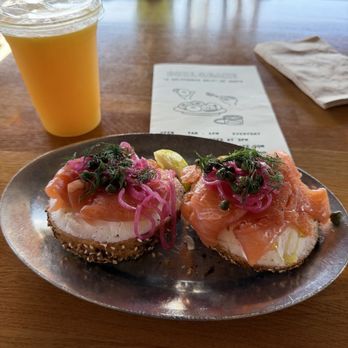 Boil & Bake - The Dodger on everything bagel and fresh orange juice. - Bagels Near Me - Costa Mesa, California